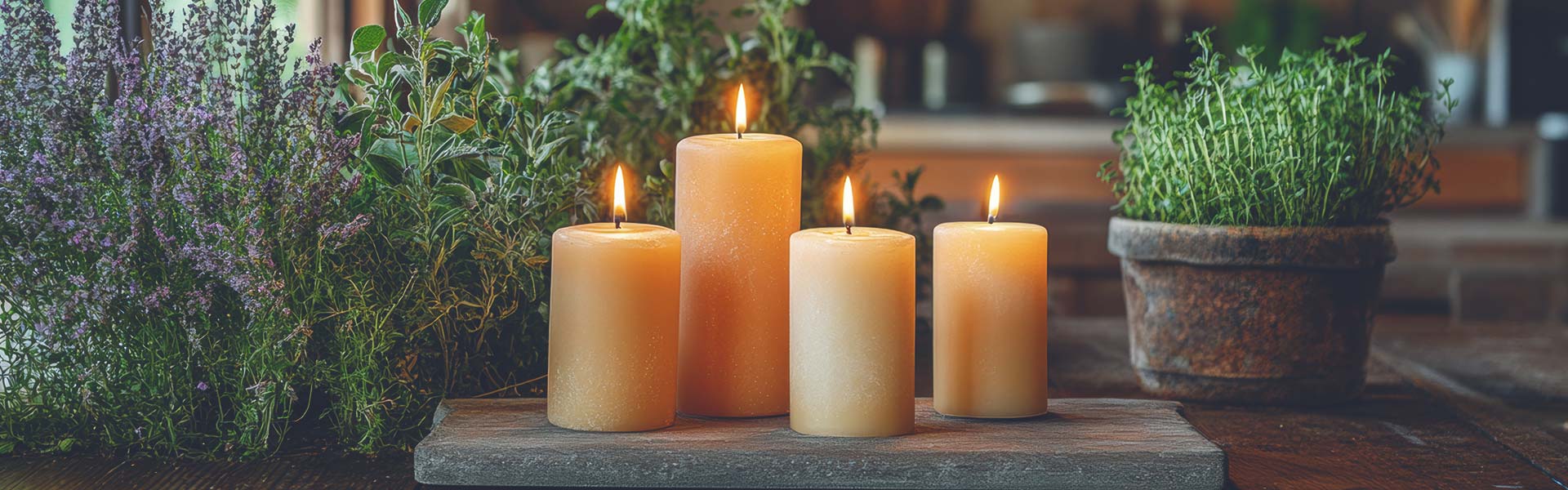 Ανάμμενα κεριά και φυτά σε ξύλινη επιφάνεια.