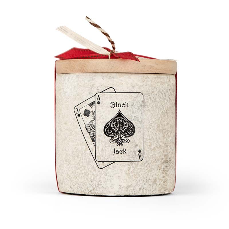 Κερί με σχέδιο τράπουλας και καπάκι ξύλινο.