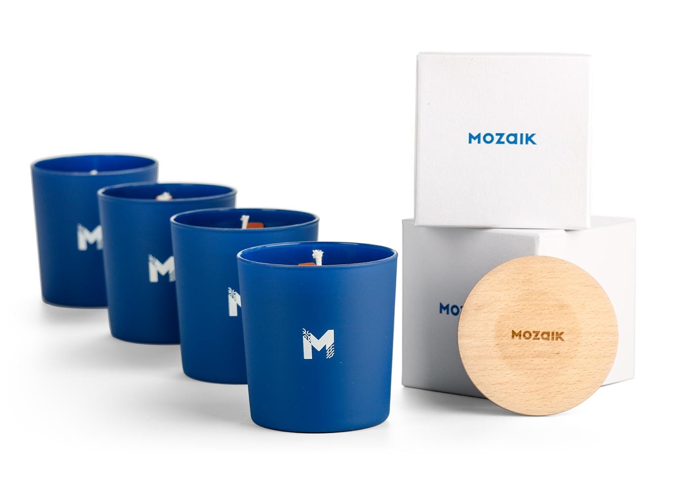 Μπλε κεριά Mozaik σε γυάλινα δοχεία