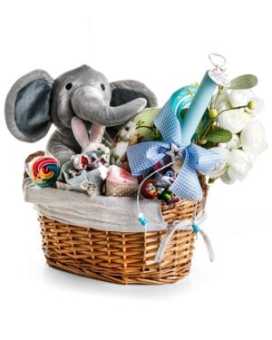 Πασχαλινό Καλαθάκι με λαμπάδα, δώρα και λιχουδιές - γκρι ελεφαντάκι
