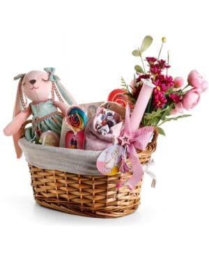 Πασχαλινό Καλαθάκι με λαμπάδα, δώρα και λιχουδιές - λαγουδίτσα