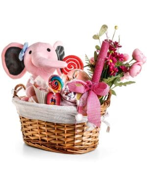 Πασχαλινό Καλαθάκι με λαμπάδα, δώρα και λιχουδιές - ροζ ελεφαντάκι