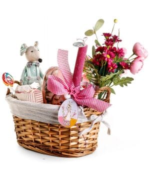 Πασχαλινό Καλαθάκι με λαμπάδα, δώρα και λιχουδιές - ποντικούλης