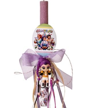 Πασχαλινή λαμπάδα με μωβ φιόγκο και φιγούρα Huntrix